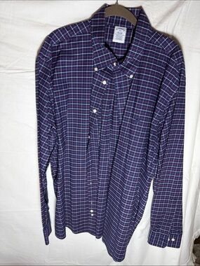 Brooks Brothers Navy Plaid Button-Down Shirt with Red & Green Accents